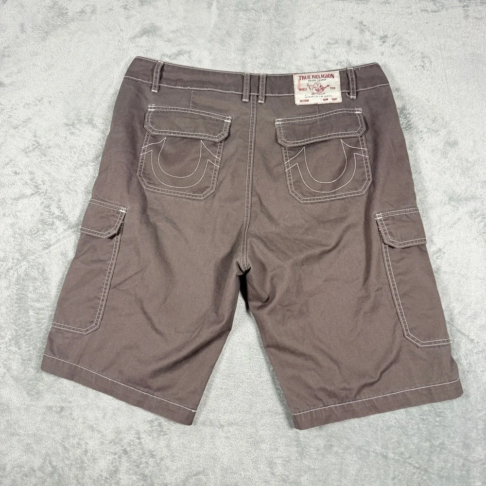 True Religion Mens 36 Cargo Shorts Brown Contrast Stitch Horseshoe Relaxed Fit